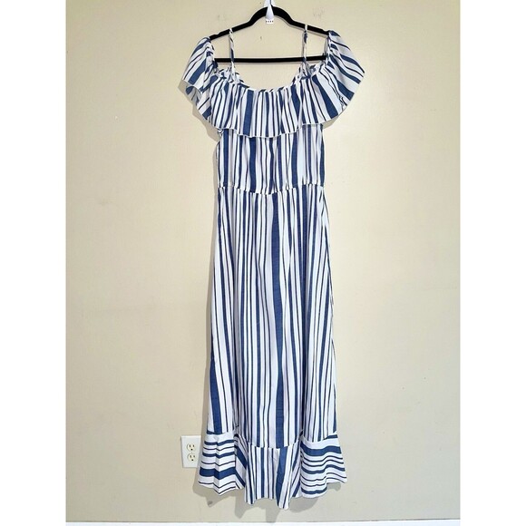 Blue White Off The Shoulders Ruffles Striped Maxi Sun Dress Size XL Womens - Picture 8 of 15
